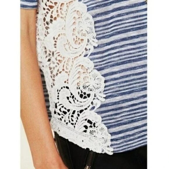 Free People We the Free Blue Stripe Battenburg Lace Short Sleeve Top S - Picture 3 of 6